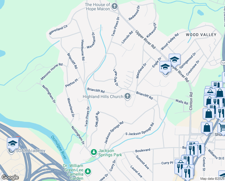 map of restaurants, bars, coffee shops, grocery stores, and more near 1431 Briarcliff Road in Macon