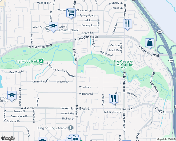 map of restaurants, bars, coffee shops, grocery stores, and more near 208 Fountainview Drive in Euless