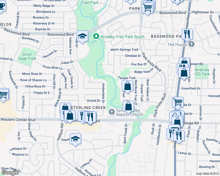 map of restaurants, bars, coffee shops, grocery stores, and more near 5120 Basswood Boulevard in Fort Worth