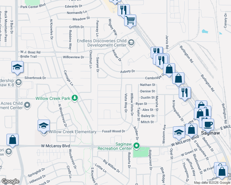 map of restaurants, bars, coffee shops, grocery stores, and more near 609 Aeronca Dr in Saginaw