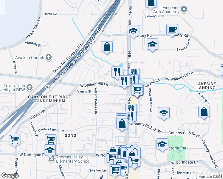 map of restaurants, bars, coffee shops, grocery stores, and more near 3440 West Walnut Hill Lane in Irving