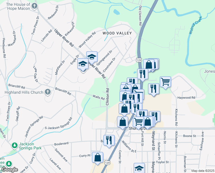map of restaurants, bars, coffee shops, grocery stores, and more near 1755 Clinton Road in Macon