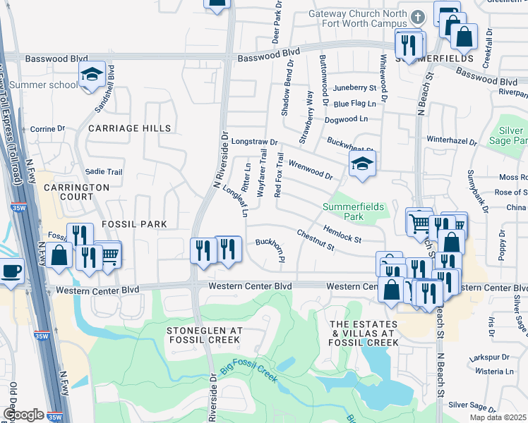 map of restaurants, bars, coffee shops, grocery stores, and more near 6716 Wayfarer Trail in Fort Worth