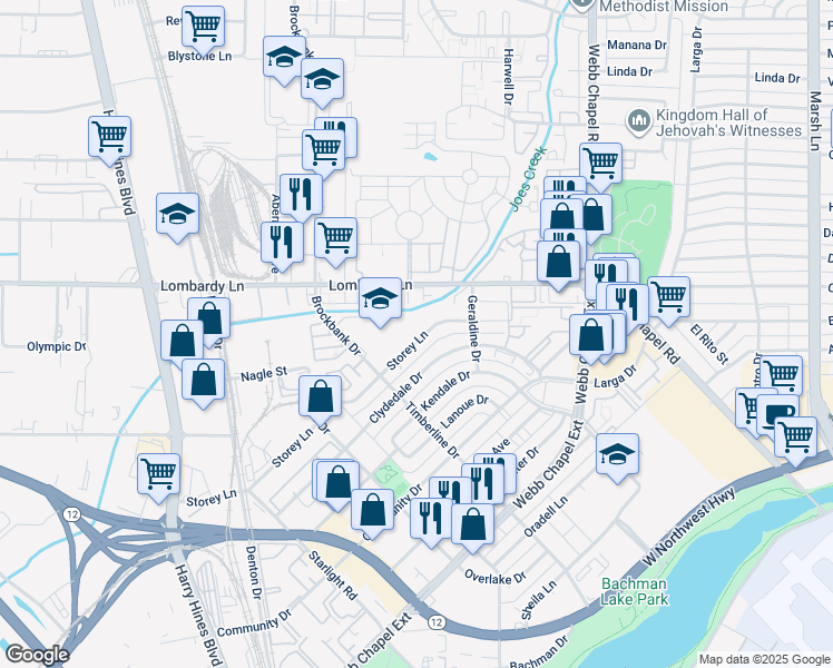 map of restaurants, bars, coffee shops, grocery stores, and more near 3151 Storey Lane in Dallas