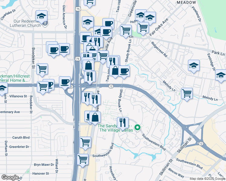 map of restaurants, bars, coffee shops, grocery stores, and more near 6541 Shady Brook Lane in Dallas