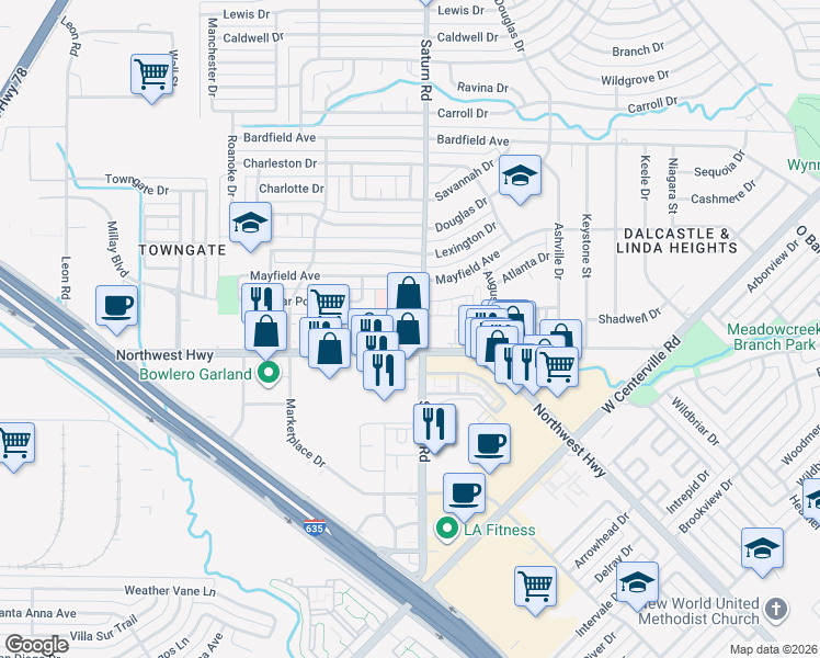map of restaurants, bars, coffee shops, grocery stores, and more near 1401 Northwest Highway in Garland