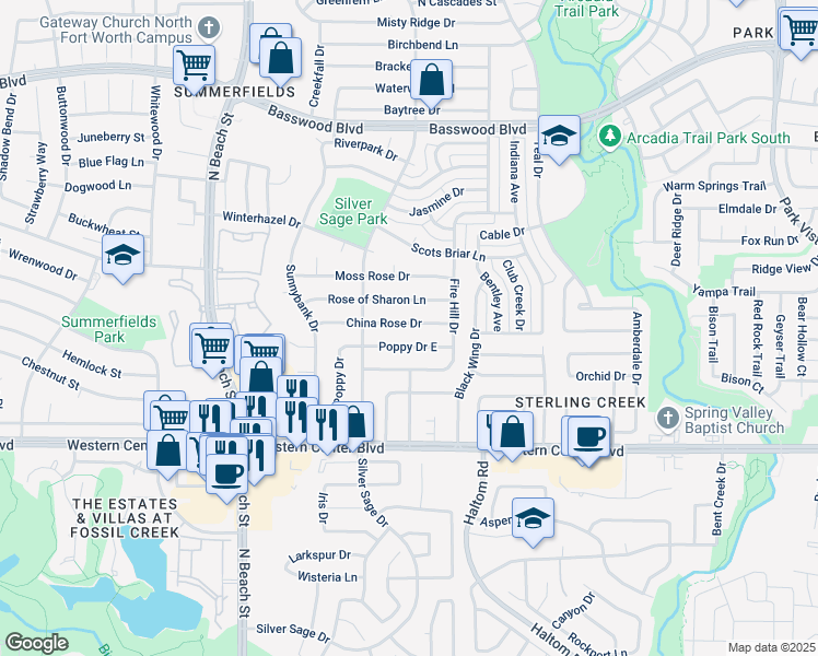 map of restaurants, bars, coffee shops, grocery stores, and more near 4732 China Rose Drive in Fort Worth