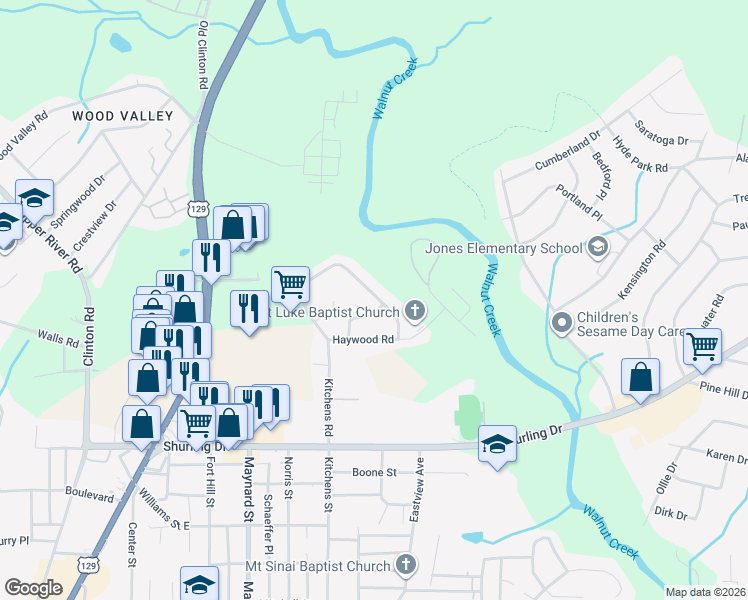 map of restaurants, bars, coffee shops, grocery stores, and more near 1971 Kitchens Road in Macon