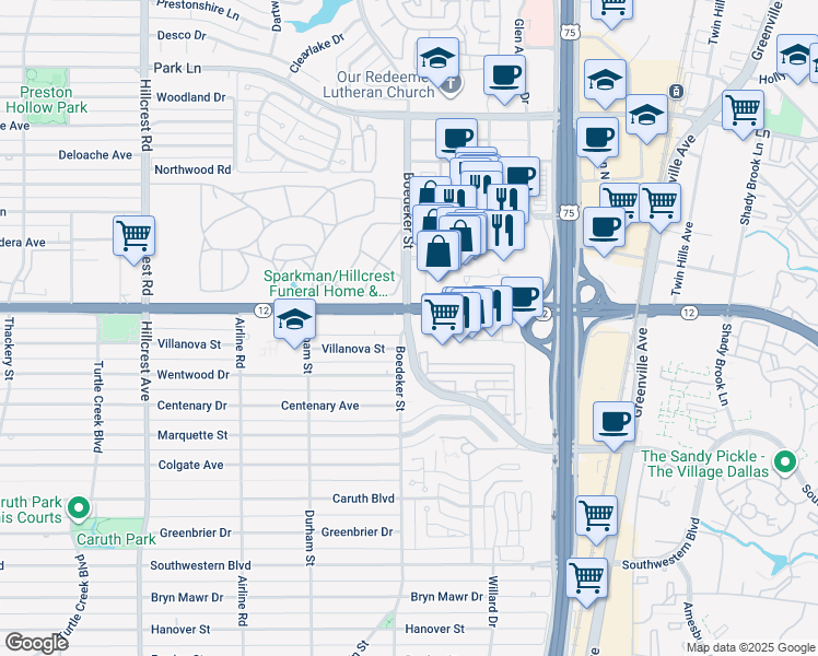map of restaurants, bars, coffee shops, grocery stores, and more near 5327 Caruth Haven Lane in Dallas