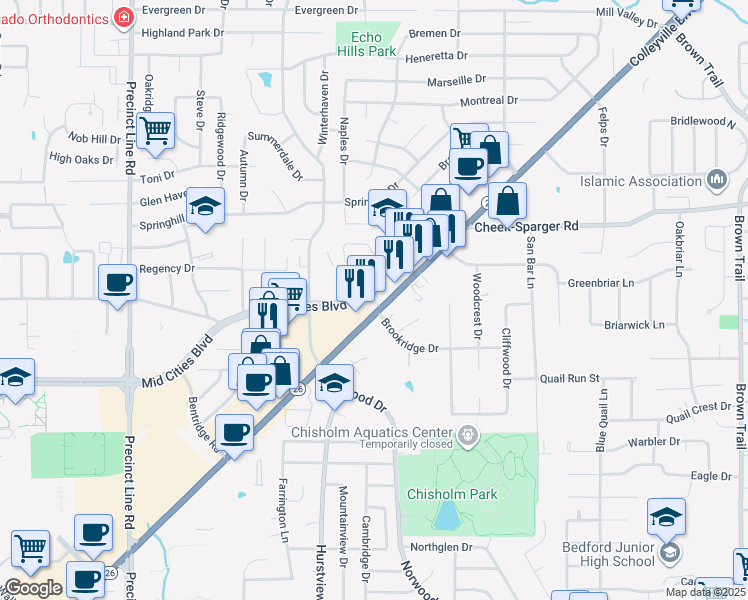 map of restaurants, bars, coffee shops, grocery stores, and more near 464 Grapevine Highway in Hurst