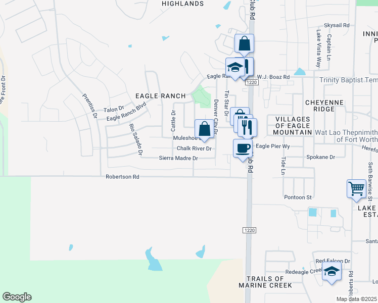 map of restaurants, bars, coffee shops, grocery stores, and more near 6605 Chalk River Drive in Fort Worth