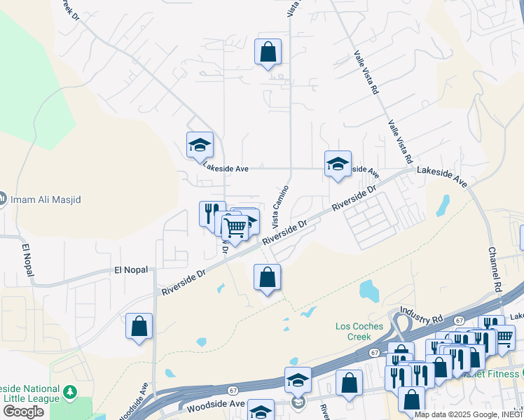map of restaurants, bars, coffee shops, grocery stores, and more near 10250 Vista Camino in Lakeside