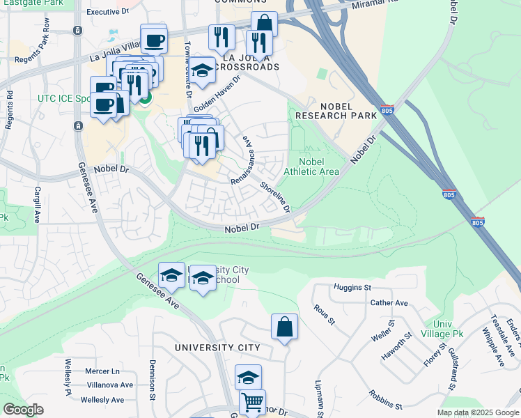map of restaurants, bars, coffee shops, grocery stores, and more near 7274 Shoreline Drive in San Diego