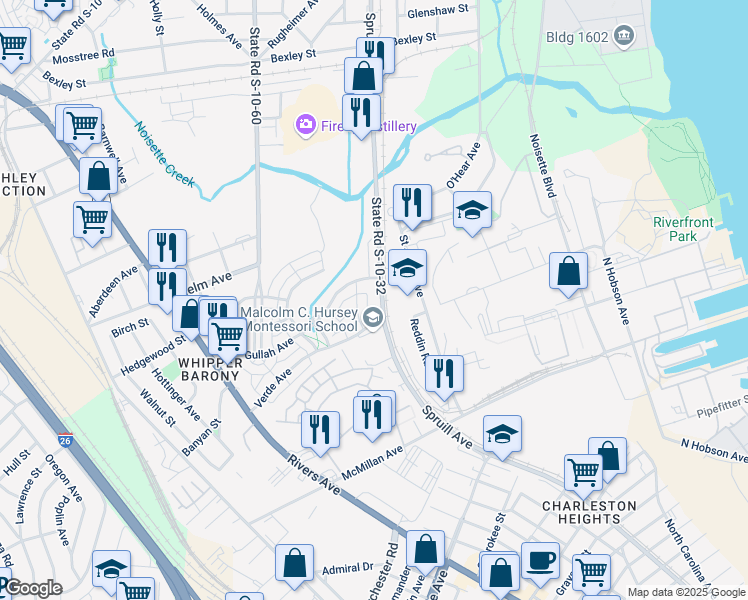 map of restaurants, bars, coffee shops, grocery stores, and more near 4040 Deodar Lane in North Charleston