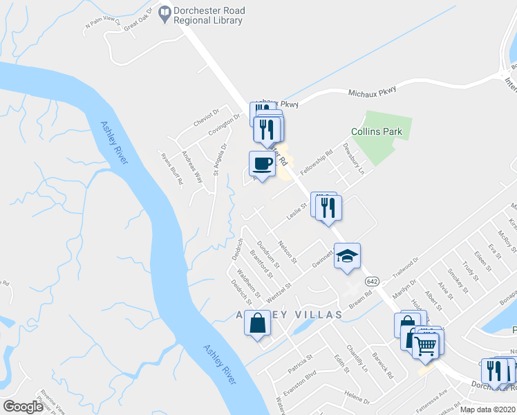map of restaurants, bars, coffee shops, grocery stores, and more near 5736 Nelson Street in North Charleston