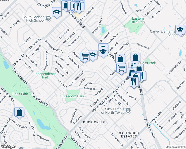 map of restaurants, bars, coffee shops, grocery stores, and more near 521 Clover Lane in Garland