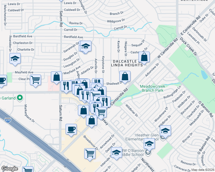map of restaurants, bars, coffee shops, grocery stores, and more near 4301 Keystone Street in Garland