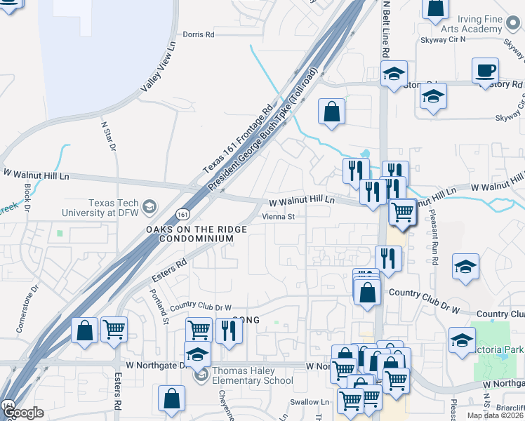 map of restaurants, bars, coffee shops, grocery stores, and more near 3857 Marcillia Circle in Irving