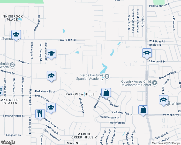 map of restaurants, bars, coffee shops, grocery stores, and more near 5148 Bayridge Court in Fort Worth
