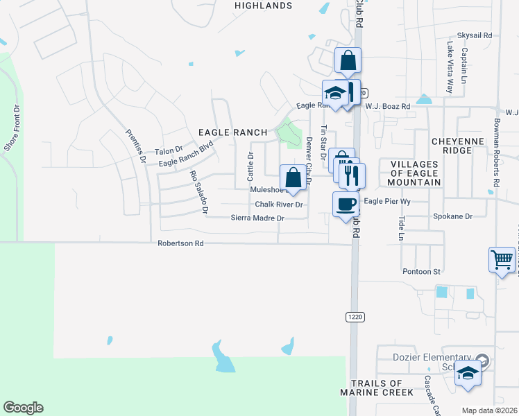 map of restaurants, bars, coffee shops, grocery stores, and more near 6633 Chalk River Drive in Fort Worth