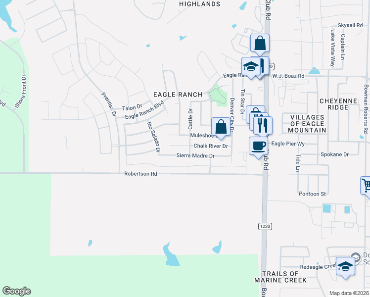 map of restaurants, bars, coffee shops, grocery stores, and more near 6633 Chalk River Drive in Fort Worth