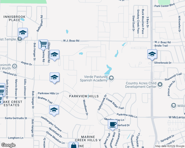 map of restaurants, bars, coffee shops, grocery stores, and more near 5148 Bayridge Court in Fort Worth