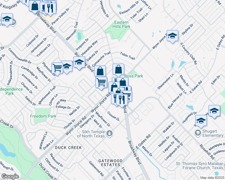 map of restaurants, bars, coffee shops, grocery stores, and more near Wynn Joyce Rd & Broadway Blvd in Garland