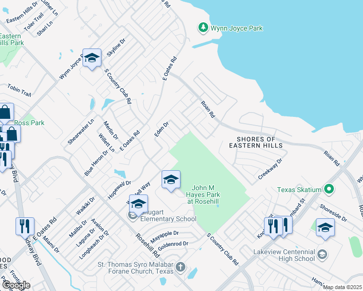 map of restaurants, bars, coffee shops, grocery stores, and more near 46 Parkdale Drive in Garland