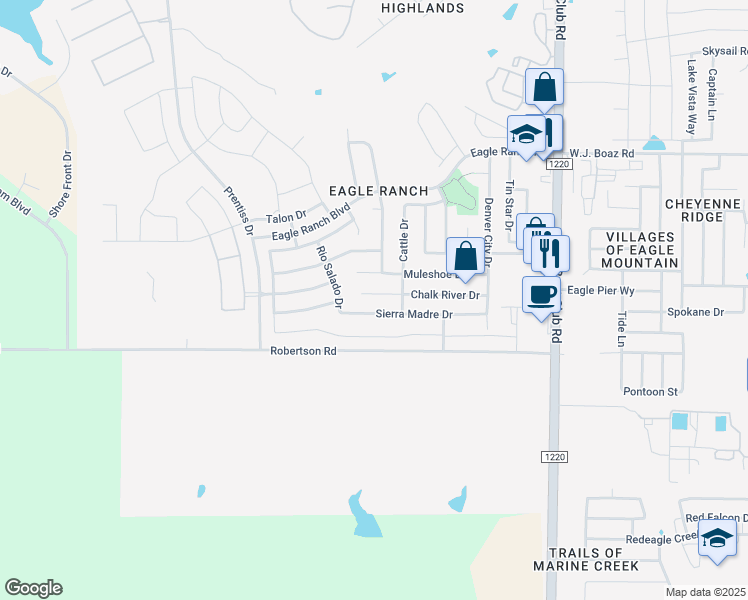 map of restaurants, bars, coffee shops, grocery stores, and more near 6725 Chalk River Drive in Fort Worth