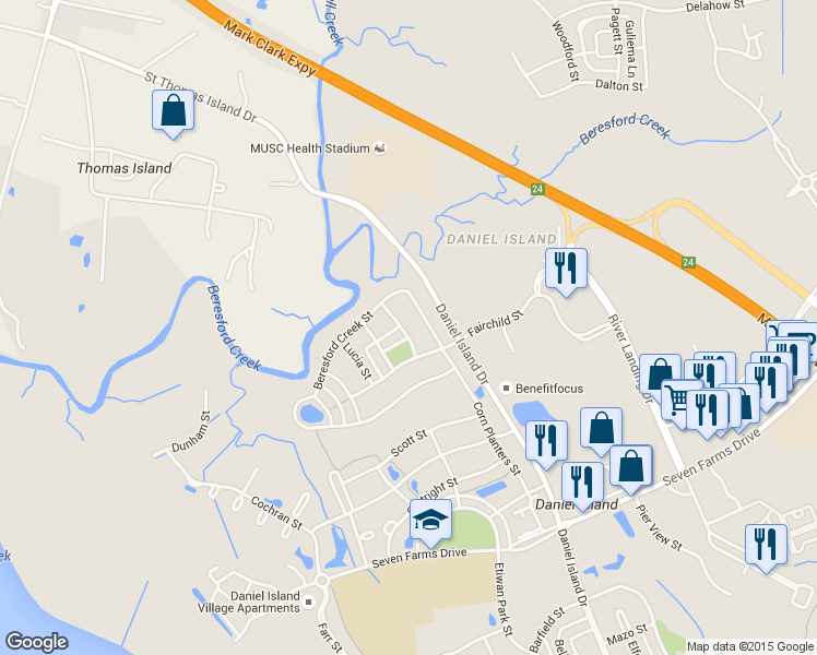 map of restaurants, bars, coffee shops, grocery stores, and more near 114 Codners Ferry Street in Charleston