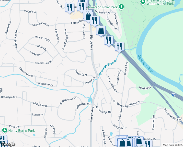 map of restaurants, bars, coffee shops, grocery stores, and more near 2647 Pierce Drive North in Macon