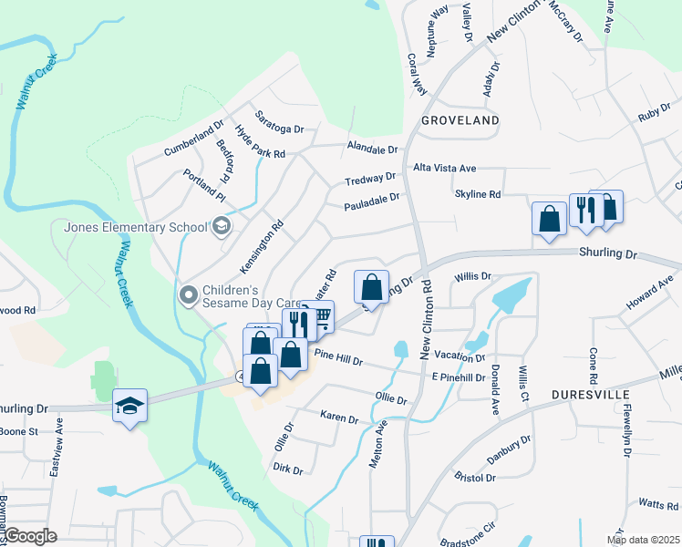 map of restaurants, bars, coffee shops, grocery stores, and more near 2021 Bayswater Road in Macon