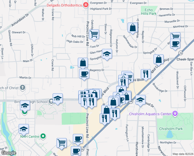 map of restaurants, bars, coffee shops, grocery stores, and more near 2701 Springbrooke Drive in Hurst