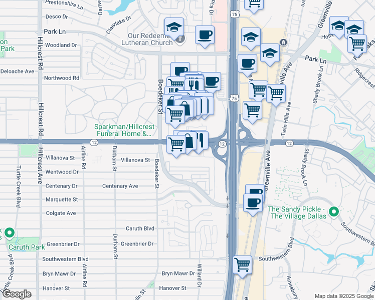 map of restaurants, bars, coffee shops, grocery stores, and more near Lincoln Park in Dallas