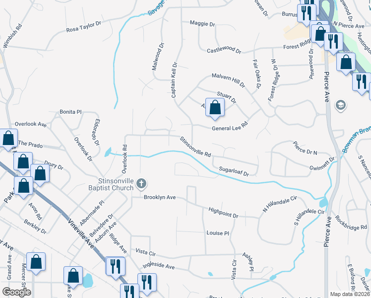 map of restaurants, bars, coffee shops, grocery stores, and more near 3434 Stinsonville Road in Macon