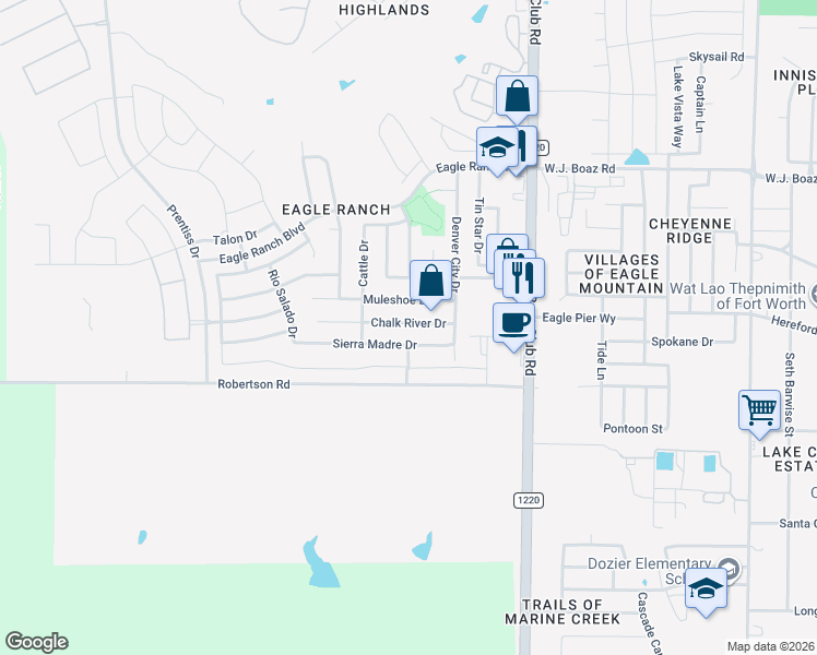 map of restaurants, bars, coffee shops, grocery stores, and more near 6541 Chalk River Drive in Fort Worth