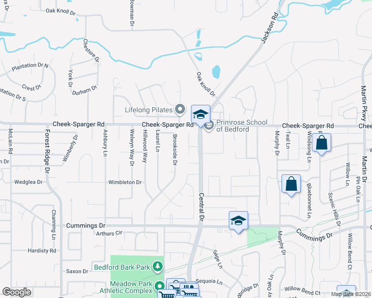 map of restaurants, bars, coffee shops, grocery stores, and more near 3817 Brookridge Court in Bedford
