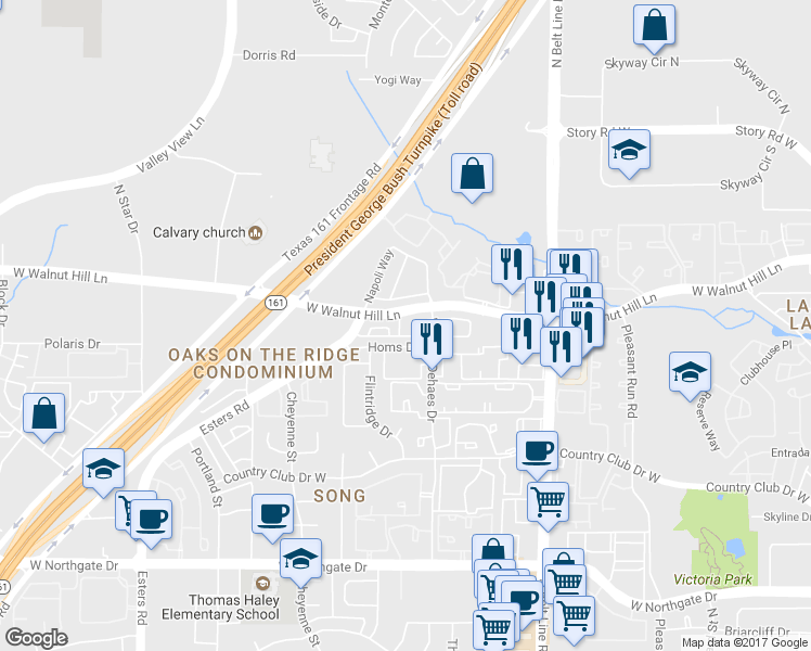map of restaurants, bars, coffee shops, grocery stores, and more near 4014 Milan Drive in Irving