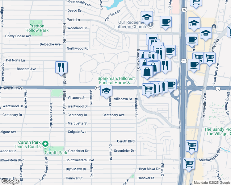 map of restaurants, bars, coffee shops, grocery stores, and more near 7404 West Northwest Highway in Dallas