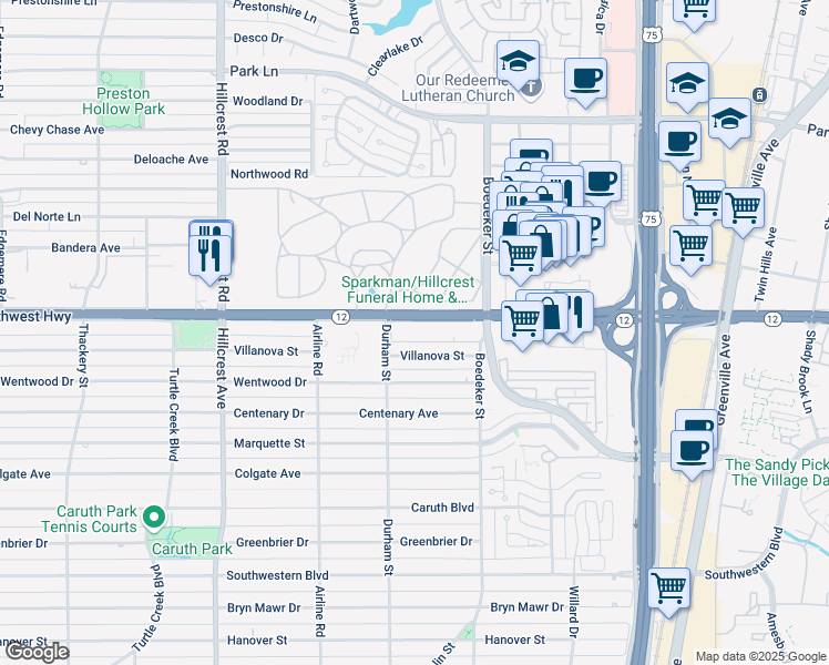 map of restaurants, bars, coffee shops, grocery stores, and more near 7404 West Northwest Highway in Dallas