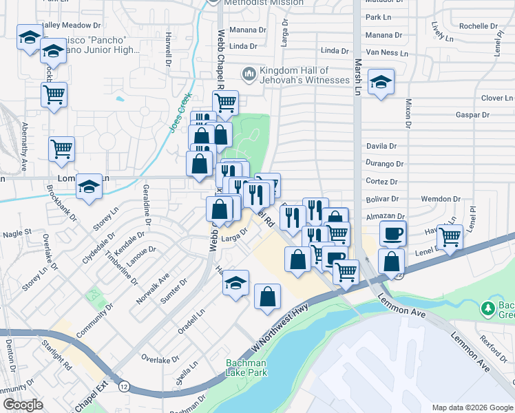 map of restaurants, bars, coffee shops, grocery stores, and more near Webb Chapel Rd & Larga Dr in Dallas