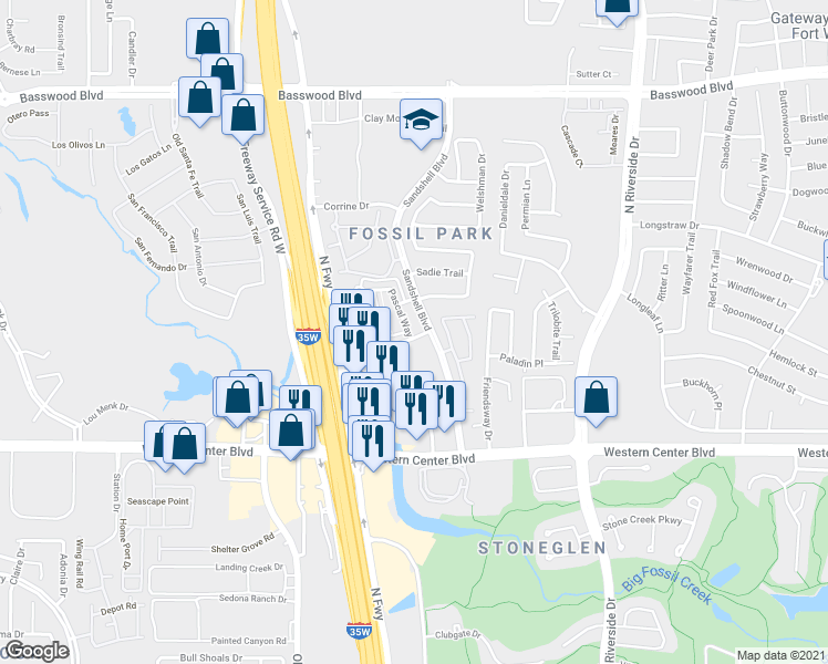 map of restaurants, bars, coffee shops, grocery stores, and more near 6801 Sandshell Boulevard in Fort Worth