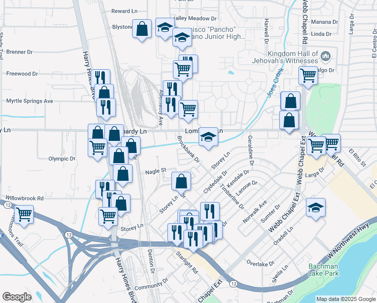 map of restaurants, bars, coffee shops, grocery stores, and more near 9505 Brockbank Drive in Dallas