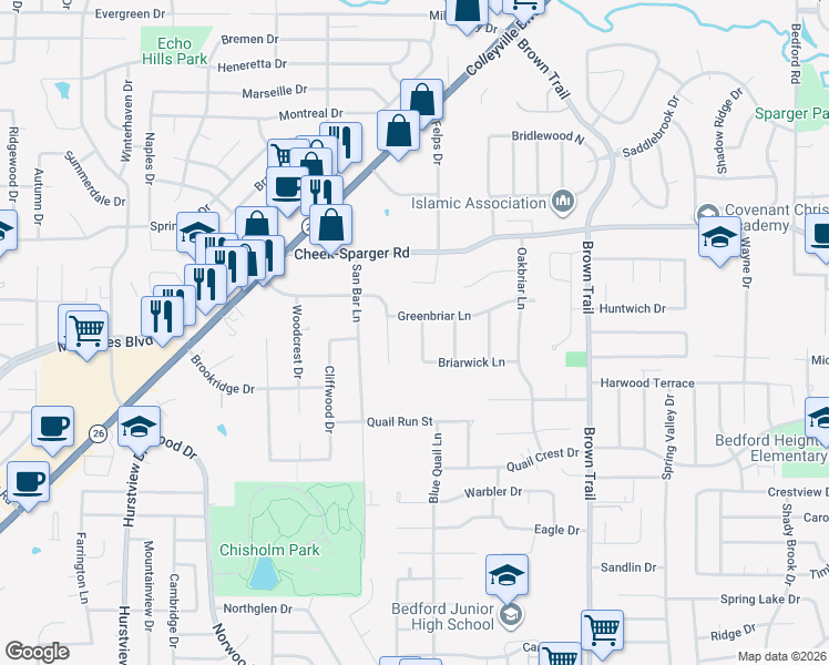 map of restaurants, bars, coffee shops, grocery stores, and more near 3712 Sweetbriar Lane in Colleyville