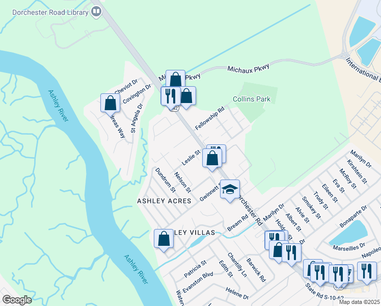 map of restaurants, bars, coffee shops, grocery stores, and more near 4326 Leslie Street in North Charleston