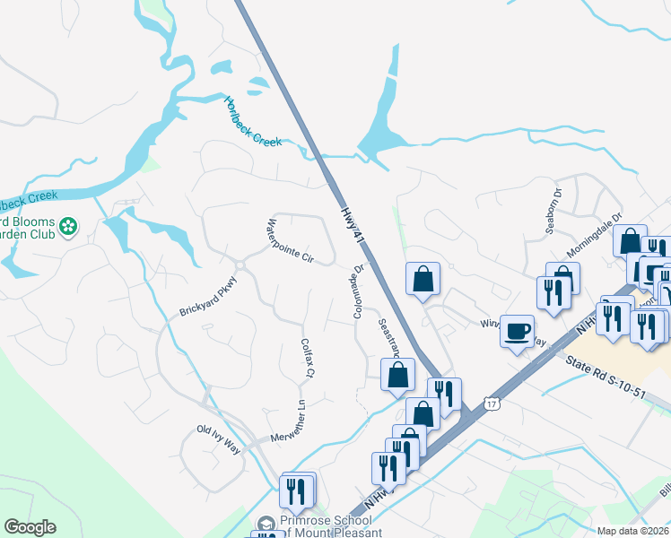 map of restaurants, bars, coffee shops, grocery stores, and more near 2748 Waterpointe Circle in Mount Pleasant