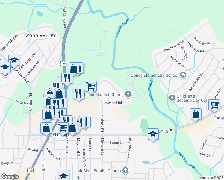 map of restaurants, bars, coffee shops, grocery stores, and more near 1971 Kitchens Road in Macon