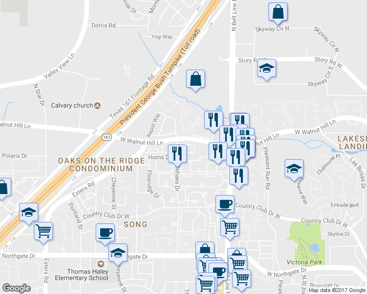 map of restaurants, bars, coffee shops, grocery stores, and more near 3656 Swiss Lane in Irving