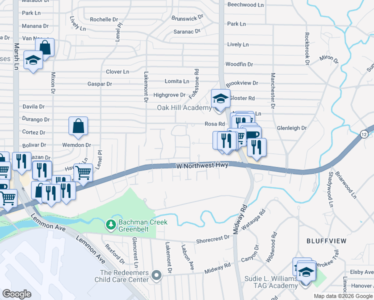 map of restaurants, bars, coffee shops, grocery stores, and more near 9227 Esplanade Drive in Dallas
