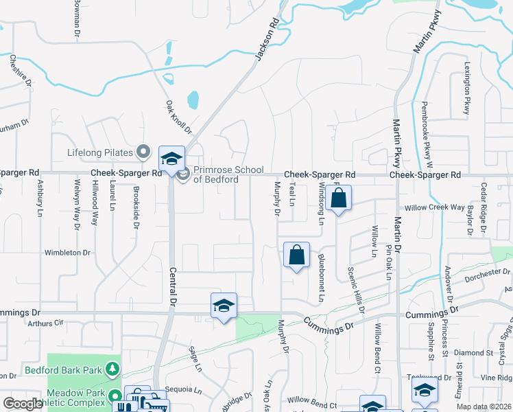 map of restaurants, bars, coffee shops, grocery stores, and more near 3821 Rolling Meadows Drive in Bedford